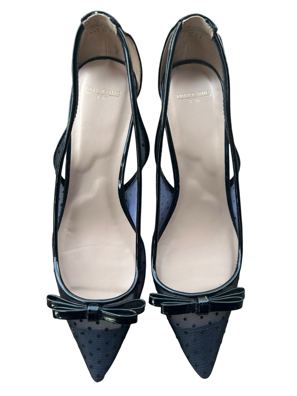 Draper James RSVP Womens 6.5  Bria black dotted mesh heels with bow detail